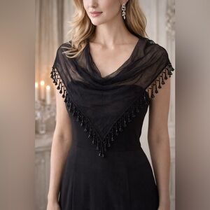 Black Sheer Beaded Triangle Shawl / Belly Dance Scarf Fringe Wrap